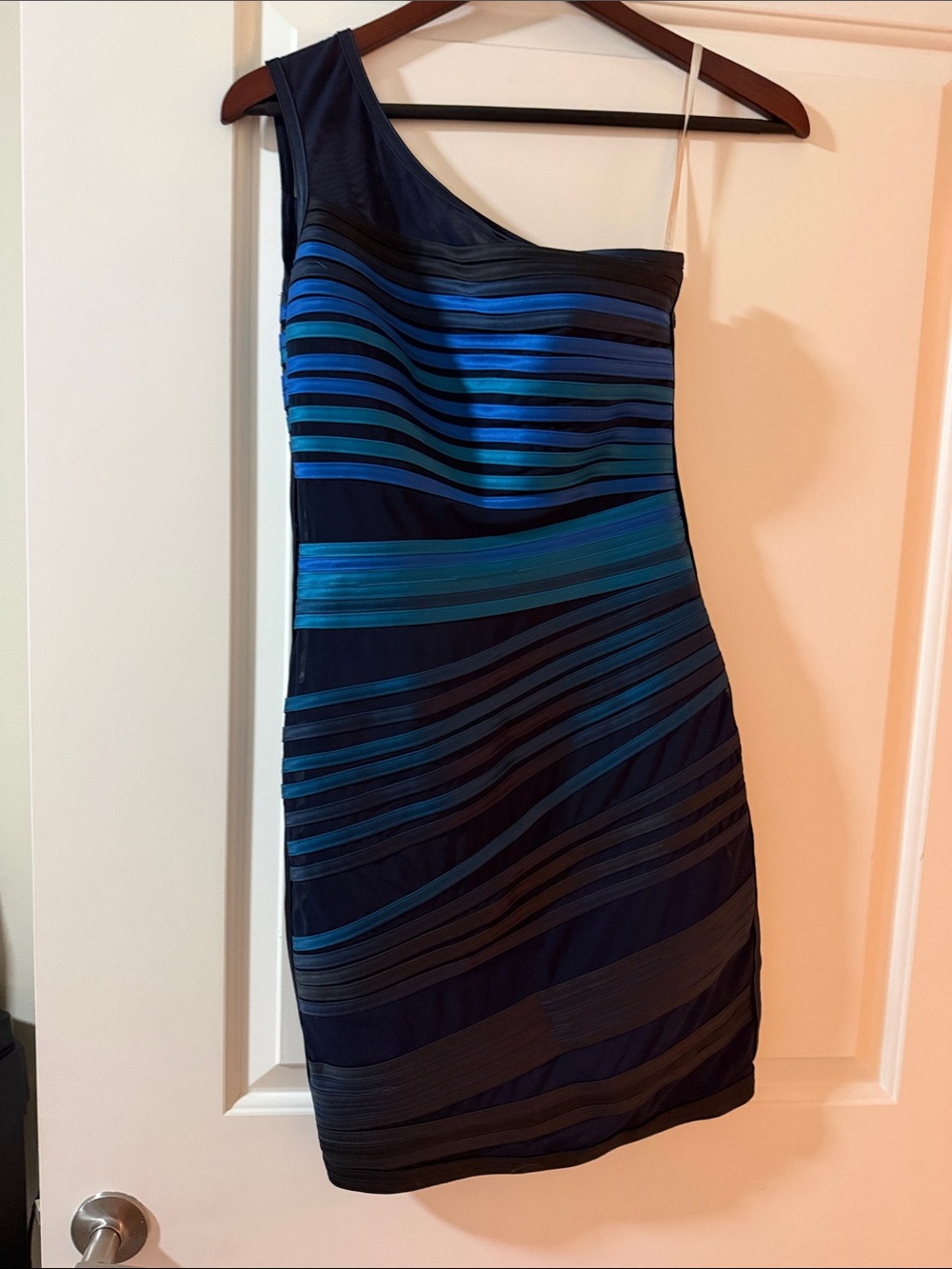 Halston Heritage One Shoulder Striped Satin Mesh Sheath Dress Blue Teal 2